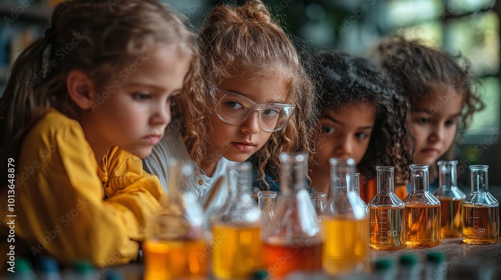 Children observing colorful liquids in glass bottles, engaged in a science experiment. Children observing colorful liquids in glass bottles, engaged in a science experiment.