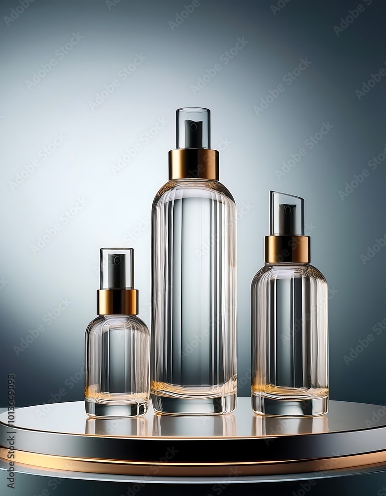 Empty luxury product bottles sit on a high-tech display podium, showcasing a brand's commitment to innovative design and presentation. Empty luxury product bottles sit on a high-tech display podium, showcasing a brand's commitment to innovative design and presentation.