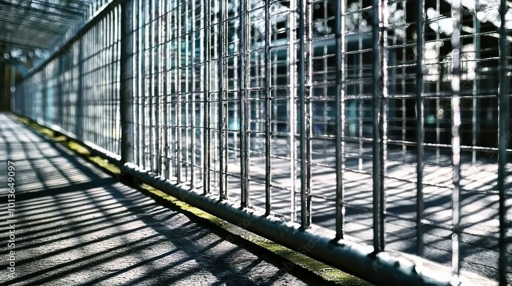 Metal Fence Casts Shadows on a Concrete Path Metal Fence Casts Shadows on a Concrete Path