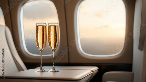 Insurance for luxury travel, first-class seats and champagne, 3D illustration,