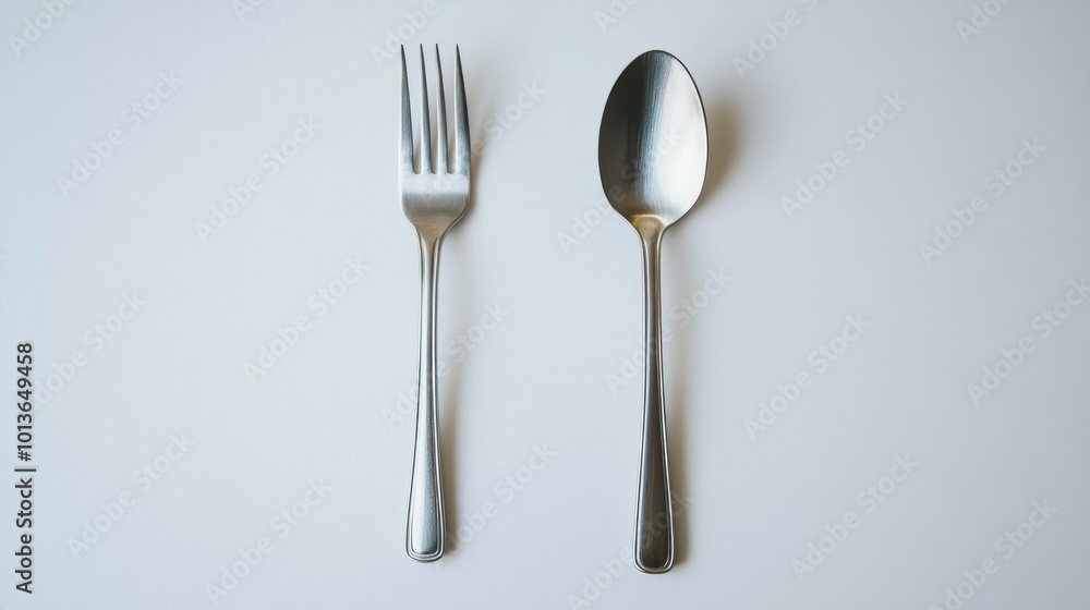 A sleek stainless steel spoon and fork set placed side by side on a crisp white background, emphasizing their polished finish. A sleek stainless steel spoon and fork set placed side by side on a crisp white background, emphasizing their polished finish.