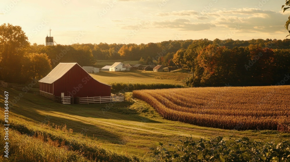 Red Barn and Cornfield on Rural Farm at Sunset Red Barn and Cornfield on Rural Farm at Sunset