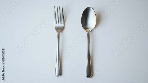 A sleek stainless steel spoon and fork set placed side by side on a crisp white background, emphasizing their polished finish.