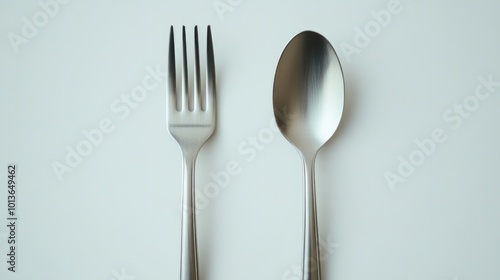 A sleek stainless steel spoon and fork set placed side by side on a crisp white background, emphasizing their polished finish.