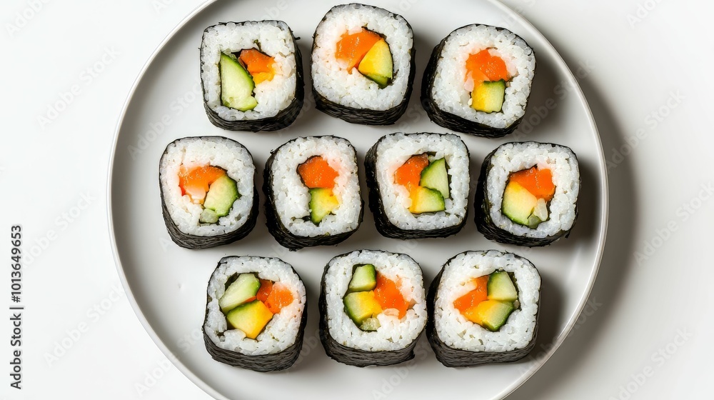 Freshly made sushi rolls with colorful vegetables on white background Freshly made sushi rolls with colorful vegetables on white background