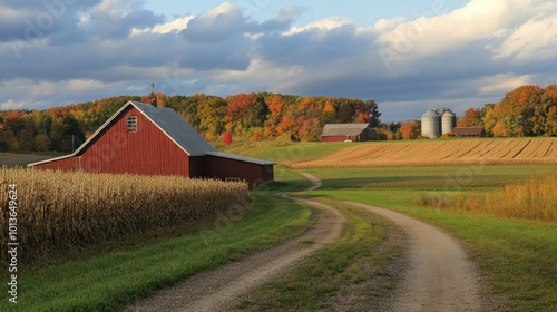 Red Barn and Silos on a Rural Farm in Autumn