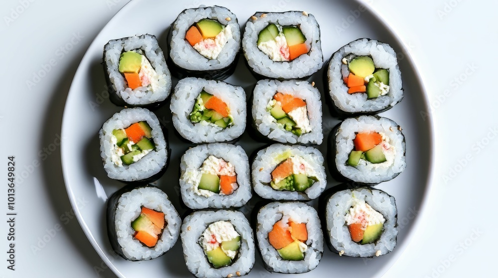 Freshly made sushi rolls with colorful vegetables on white background Freshly made sushi rolls with colorful vegetables on white background