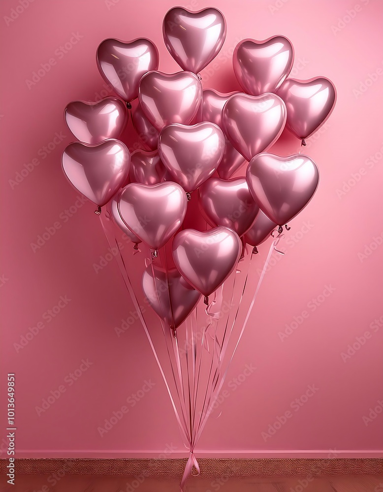 Heart-shaped balloons float against a vibrant pink backdrop, adding a touch of festive charm to any celebration. Heart-shaped balloons float against a vibrant pink backdrop, adding a touch of festive charm to any celebration.