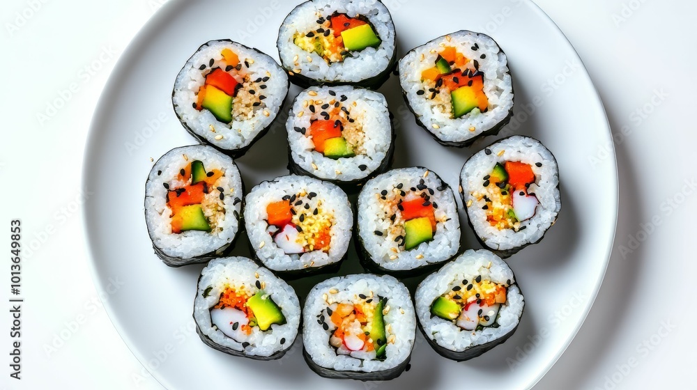 Freshly made sushi rolls with colorful vegetables on white background Freshly made sushi rolls with colorful vegetables on white background