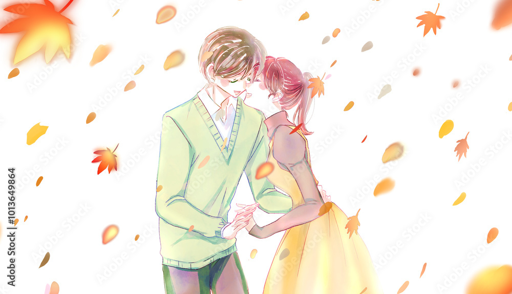 落ち葉が舞う中触れ合う男女