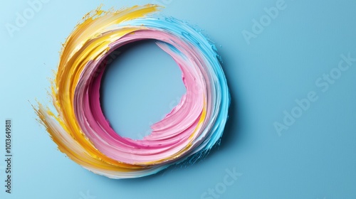Colorful Gouache Swirl on Blue Background, vibrant round smear, contemporary design element, smooth curl shape, artistic brush stroke, minimalistic and clean aesthetic