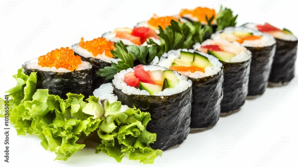 Freshly made sushi rolls with colorful vegetables on white background Freshly made sushi rolls with colorful vegetables on white background