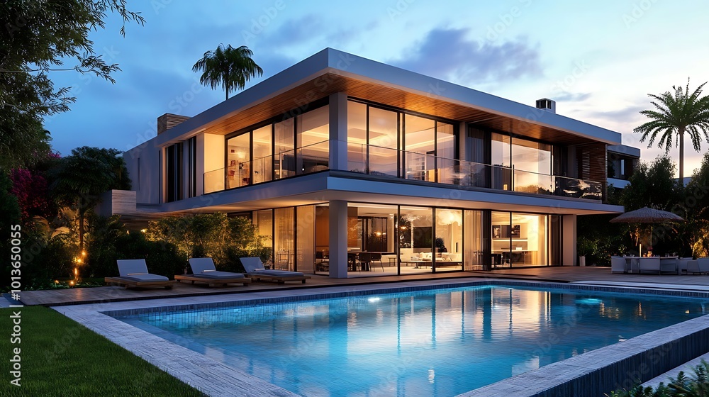 Fototapeta premium A large, modern house with a pool and lush landscaping.