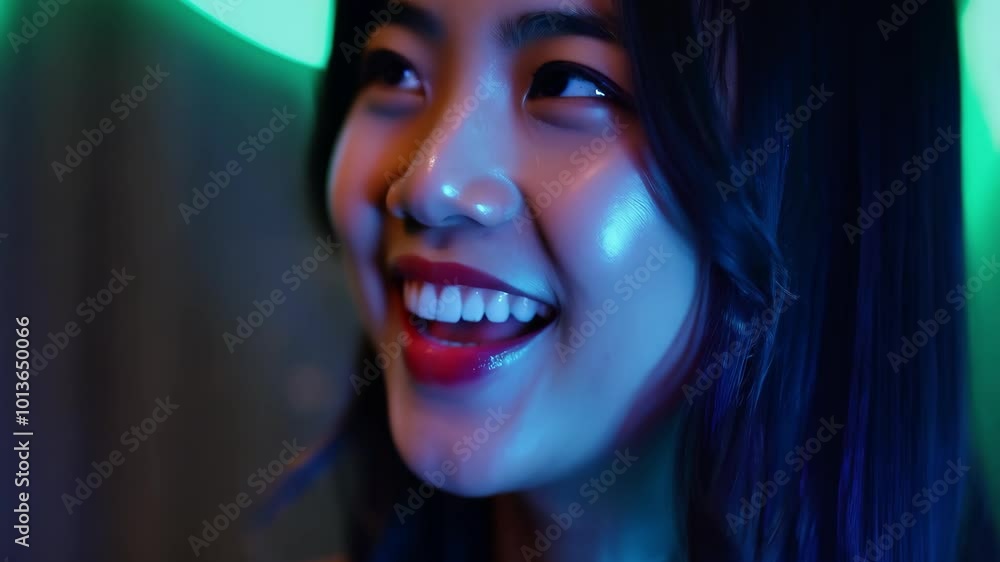 Smiling woman in vibrant neon lights setting Smiling woman in vibrant neon lights setting