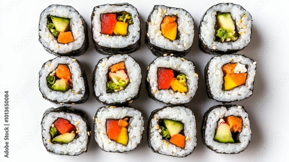 Freshly made sushi rolls with colorful vegetables on white background Freshly made sushi rolls with colorful vegetables on white background