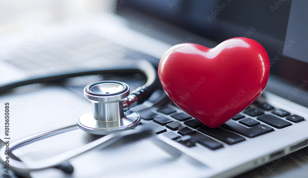 Red Heart Model with Stethoscope on Laptop Keyboard Health and Technology Concept design Red Heart Model with Stethoscope on Laptop Keyboard Health and Technology Concept design