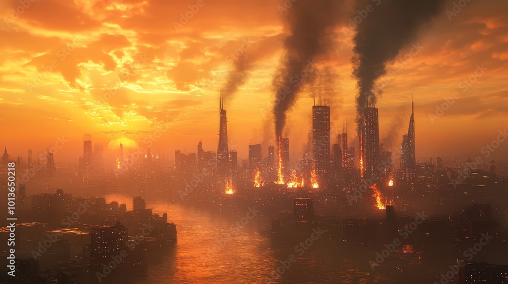 Futuristic metropolis enveloped in fiery skies, digital streams of carbon emissions weave through the urban landscape, vivid sci-fi illustration Futuristic metropolis enveloped in fiery skies, digital streams of carbon emissions weave through the urban landscape, vivid sci-fi illustration