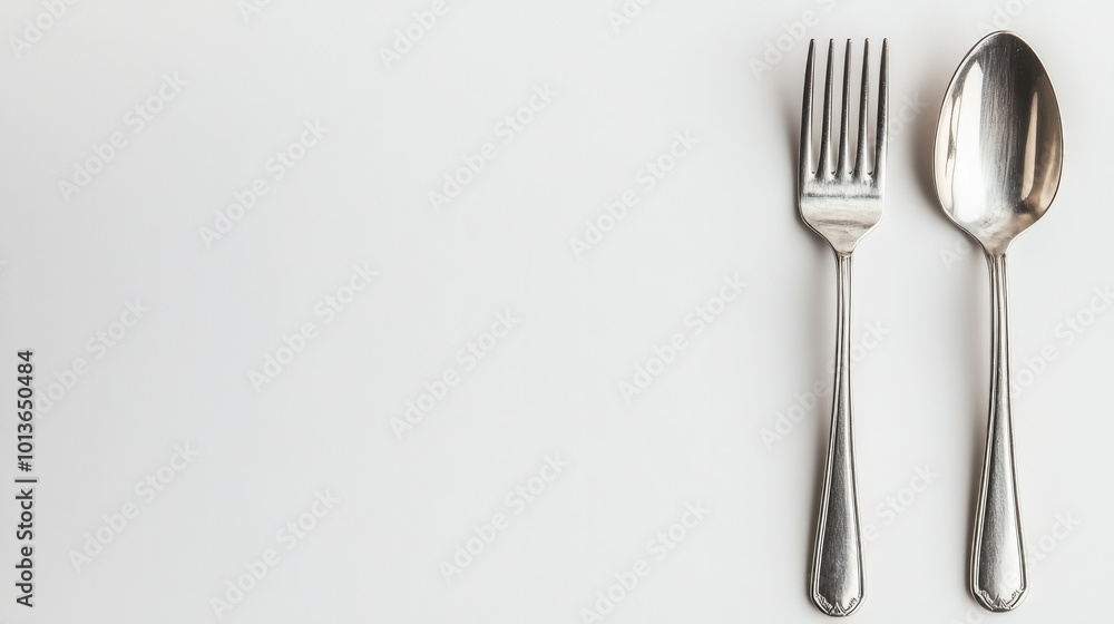 A top-down view of a spoon and fork laying parallel on a plain white background, showcasing their shiny surfaces and clean lines. A top-down view of a spoon and fork laying parallel on a plain white background, showcasing their shiny surfaces and clean lines.