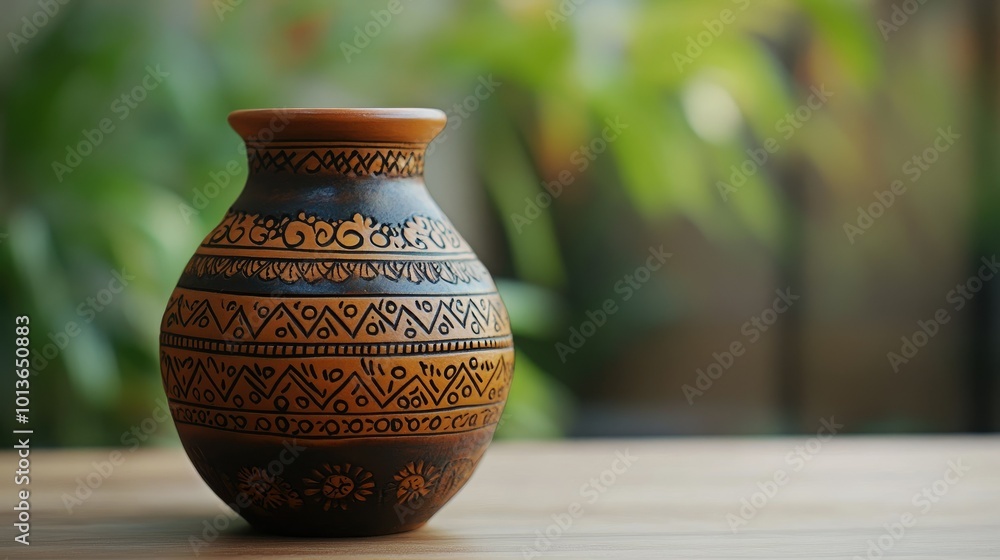 Traditional Indian pottery with intricate designs, no people, with copy space available. Traditional Indian pottery with intricate designs, no people, with copy space available.