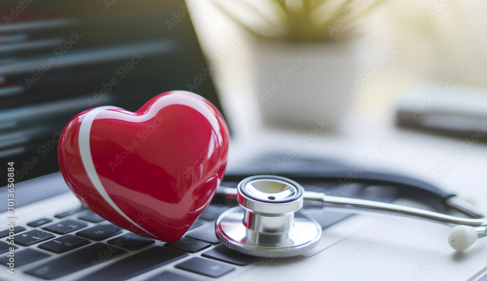 Red Heart Model with Stethoscope on Laptop Keyboard Health and Technology Concept design Red Heart Model with Stethoscope on Laptop Keyboard Health and Technology Concept design