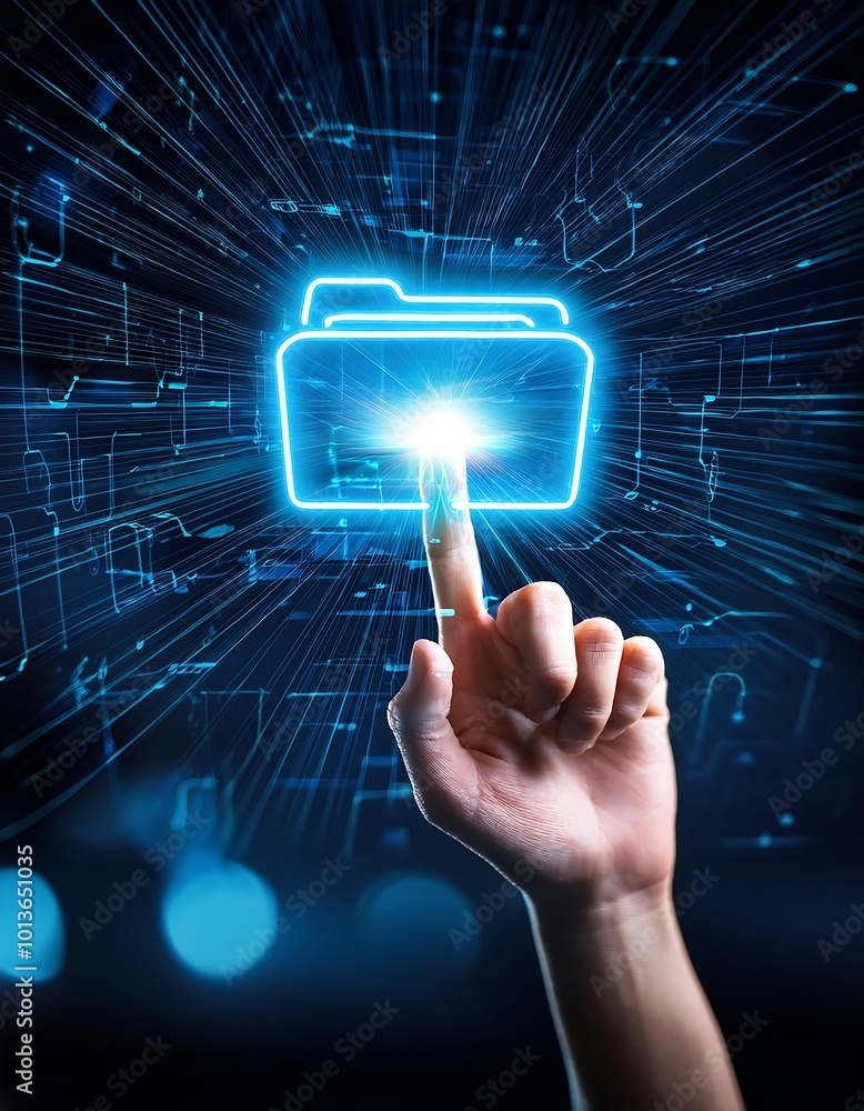The future of data management is represented by a finger touching a glowing folder icon, showcasing the power of technology. The future of data management is represented by a finger touching a glowing folder icon, showcasing the power of technology.