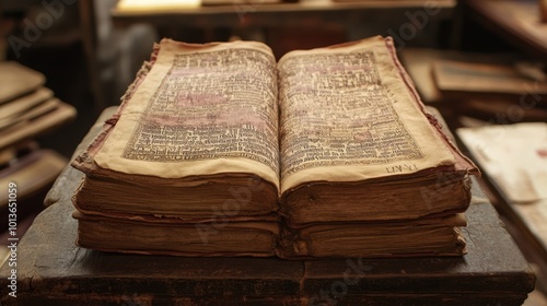 Ancient Ethiopian Bible on Wooden Desk with Worn Pages, Rich in Historical Text