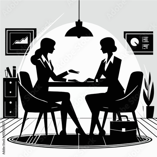 Businesswomen at the negotiating table in the company office, vector illustration