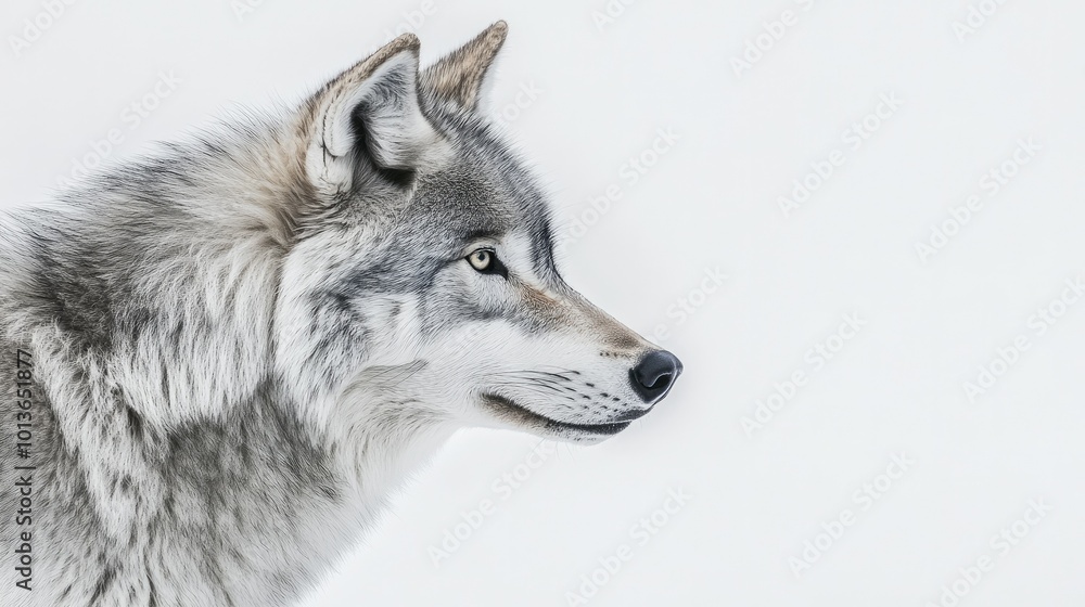 A wolf profile, highlighting its sharp ears and focused eyes, on a simple white background, perfect for nature and wildlife concepts. A wolf profile, highlighting its sharp ears and focused eyes, on a simple white background, perfect for nature and wildlife concepts.