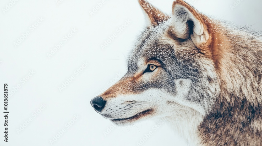 Fototapeta premium A wolf profile, highlighting its sharp ears and focused eyes, on a simple white background, perfect for nature and wildlife concepts.