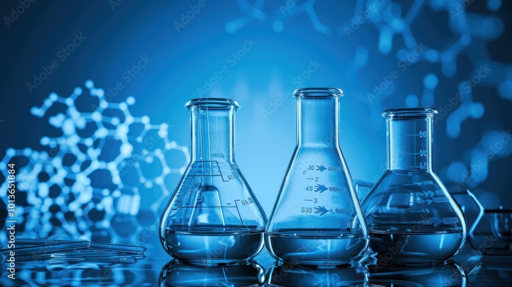 Three Erlenmeyer flasks in chemical science laboratory with molecular structure with blur effect background AI generated image Three Erlenmeyer flasks in chemical science laboratory with molecular structure with blur effect background AI generated image