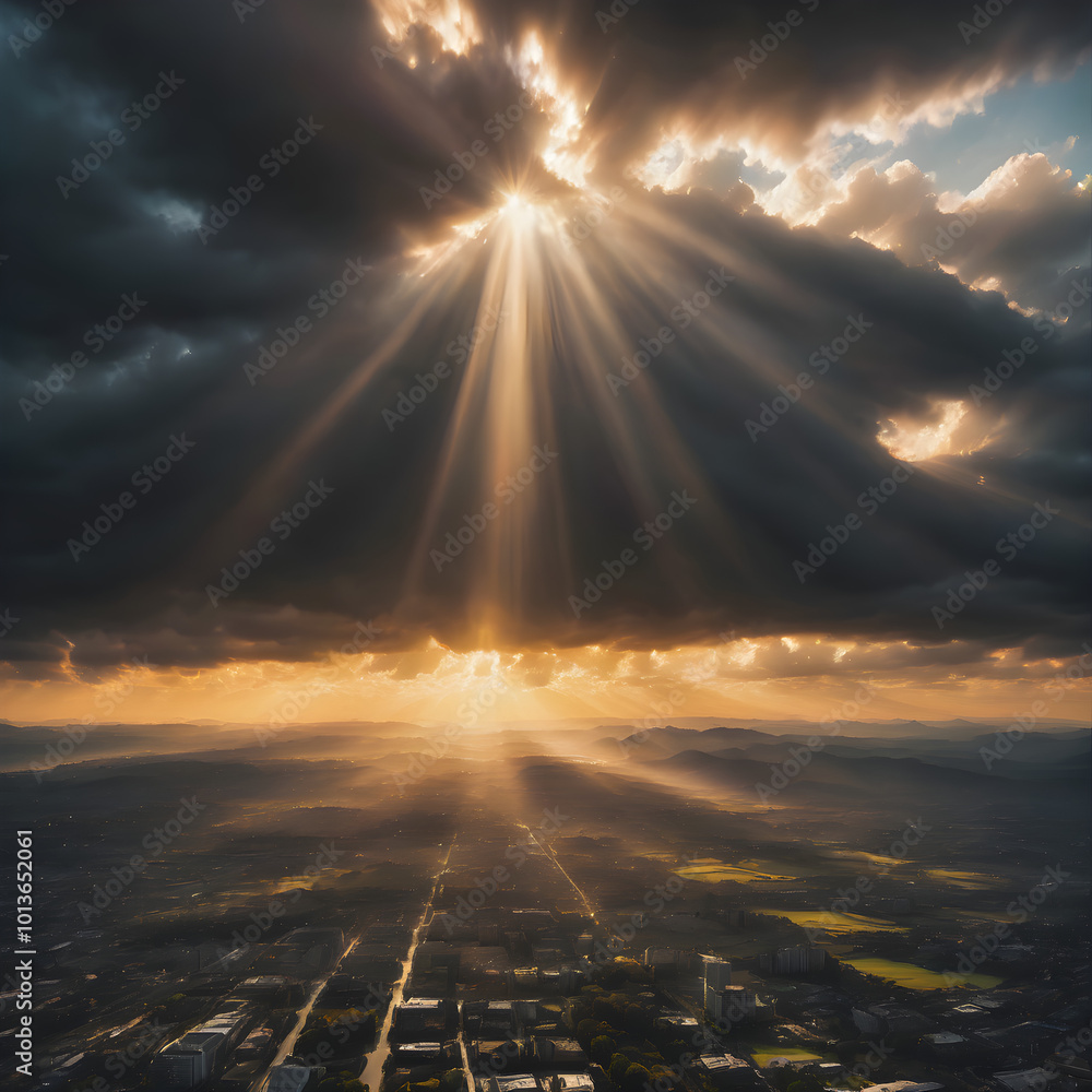 A cloudy sky with the sun partially hidden behind the clouds, with sunbeams breaking through and illuminating the scene below in soft golden light
A cloudy sky with the sun partially hidden behind the clouds, with sunbeams breaking through and illuminating the scene below in soft golden light