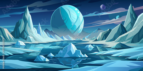 Frozen Exoplanet Landscape with Icy Plains and Jagged Ice Formations
