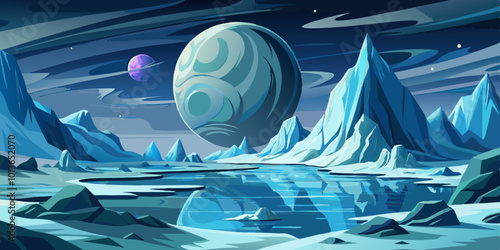 Frozen Exoplanet Landscape with Icy Plains and Jagged Ice Formations
