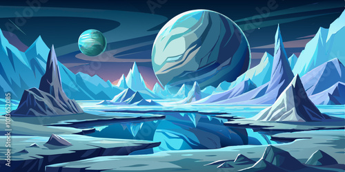 Frozen Exoplanet Landscape with Icy Plains and Jagged Ice Formations
