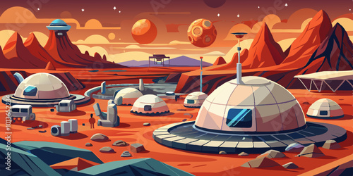 Futuristic Colony with Domed Habitats and Rugged Terrain
