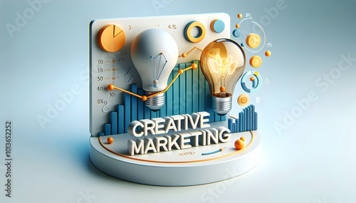 3D Floating Light Bulb and Graph Icon with Creative Marketing Text - Sleek Vector Design Isolated on White Background for Innovative and Analytical Aspects of Marketing