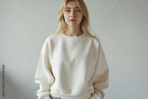 Young woman stands in front of plain white background wearing white sweatshirt. Fashion model with blank template. Simple design for apparel advertising. Female model in casual attire with loose
