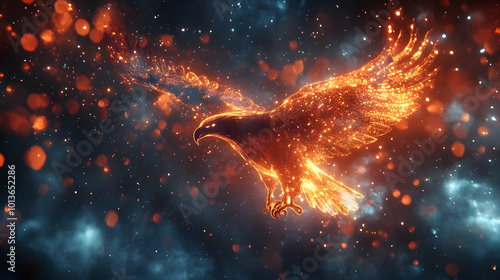 3D Veterans Day salute with glowing abstract eagle and stars concept as A symbolic banner featuring a glowing abstract eagle and stars as the backdrop for a Veterans Day salute. The digital art create