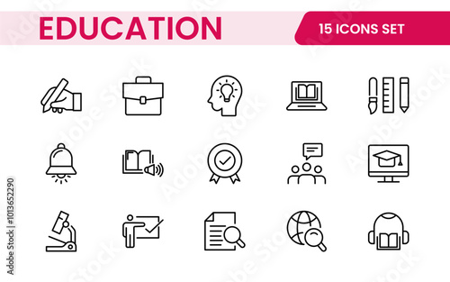 Education line icons collection. Big UI icon set in a flat design. Thin outline icons pack. Thin line icons set of academic subjects and education. Outline symbol collection.