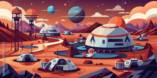 Futuristic Colony with Domed Habitats and Rugged Terrain

