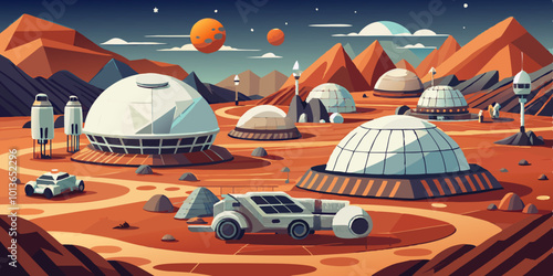 Futuristic Colony with Domed Habitats and Rugged Terrain
