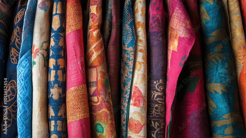 Vibrant South Asian fabric art with cultural patterns, no one in sight, and room for design or text. Vibrant South Asian fabric art with cultural patterns, no one in sight, and room for design or text.