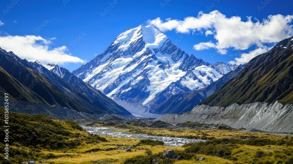 Majestic snow-capped mountain peaks towering under a clear blue sky, with sunlight casting shadows on the rocky terrain. Majestic snow-capped mountain peaks towering under a clear blue sky, with sunlight casting shadows on the rocky terrain.