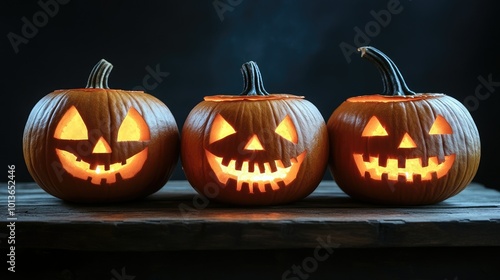 Trio of glowing Jack O Lanterns, carved with spooky faces on a rustic table, space for text.