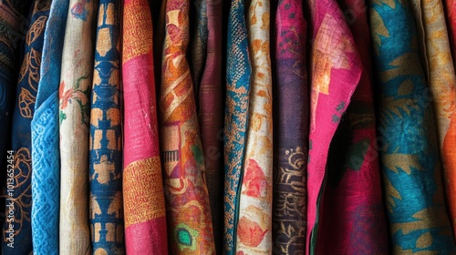 Vibrant South Asian fabric art with cultural patterns, no one in sight, and room for design or text.