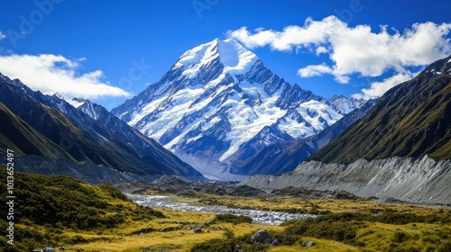 Majestic snow-capped mountain peaks towering under a clear blue sky, with sunlight casting shadows on the rocky terrain.