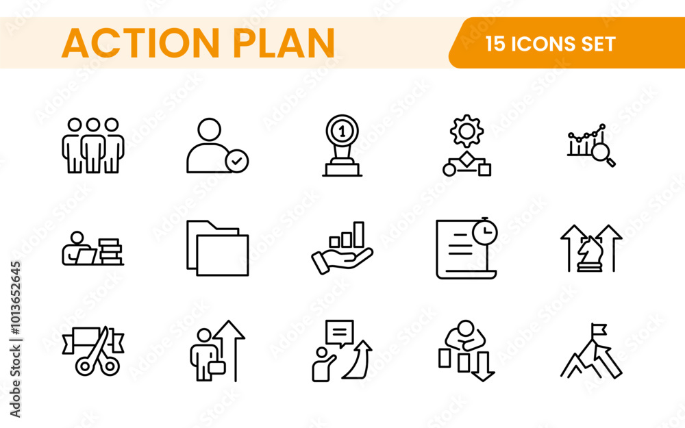 Line icons about action plan. Contains such icons as search strategy, target, scheme, timeline and workflow.Action plan set of web icons in line style. Strategy action planning icons. Line icons about action plan. Contains such icons as search strategy, target, scheme, timeline and workflow.Action plan set of web icons in line style. Strategy action planning icons.