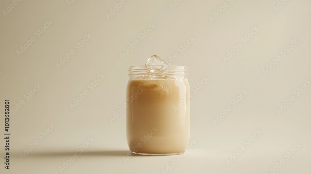 A beautifully styled iced latte in a glass jar, ice cubes glistening inside, placed on a plain white background. A beautifully styled iced latte in a glass jar, ice cubes glistening inside, placed on a plain white background.
