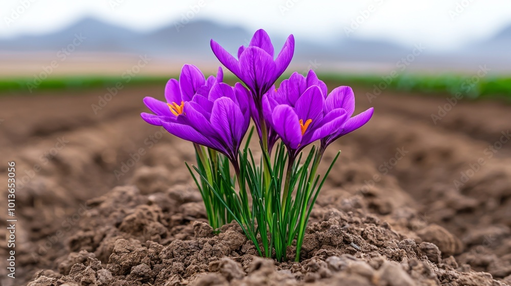 Obraz premium Vibrant Purple Crocus Flowers in Spring Landscape