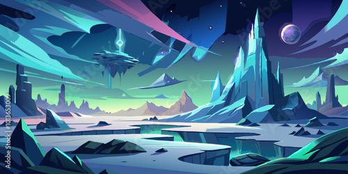 Sci-Fi Tundra Landscape with Icy Plains and Glowing Auroras
